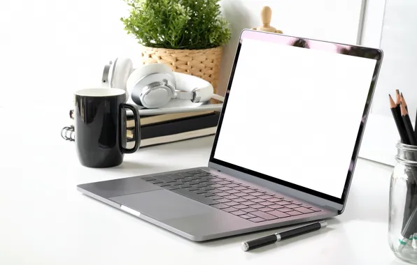 Table, plant, books, pencils, headphones, Cup, Bank, white background