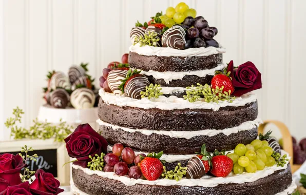 Wallpaper cake, chocolate, sweet, grapes, roses, strawberry, decoration