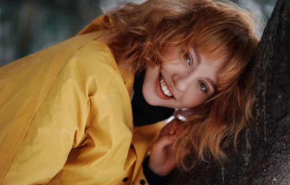 Winter, look, girl, snow, trees, smile, hair, red