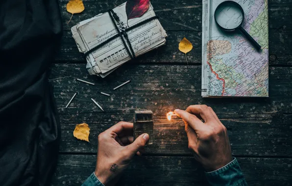 Wallpaper, flame, mood, map, situations, hands, letters, cards