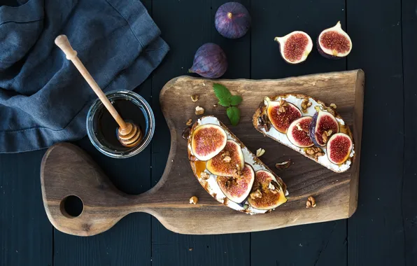 Picture Breakfast, honey, nuts, mint, sandwiches, figs, ricotta cheese