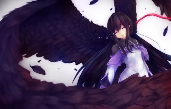 Girl, wings, feathers, tears, art, ribbon, mahou shoujo madoka magica, homura akemi