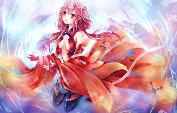 Picture chest, girl, red eyes, barrette, guilty crown, pink hair, inori yuzuriha, bare shoulders