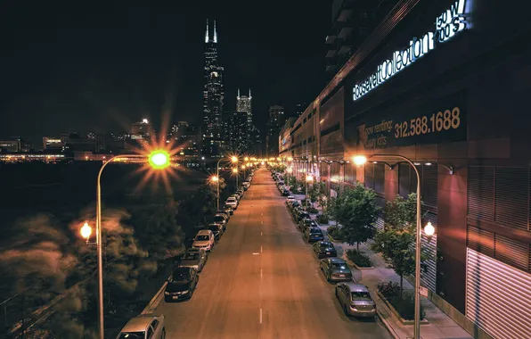 Road, night, lights, skyscrapers, lights, USA, Chicago, Chicago