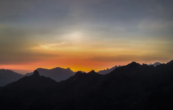 Picture the sky, sunset, mountains, silhouette