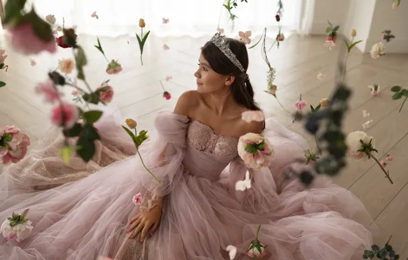 Girl, light, flowers, room, roses, dress, window, pink