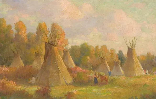 Hut, Joseph Henry Sharp, Crow Reservation, Indian and horse
