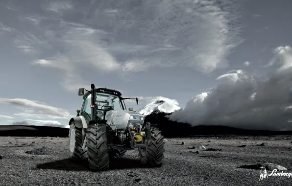 White, the sky, clouds, tractor, cabin, wheel, Lamborghimi, agricultural machinery