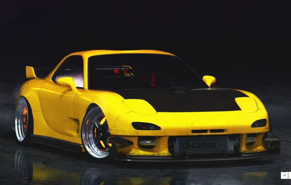 Auto, Yellow, Machine, Mazda, Mazda, Art, Art, RX-7