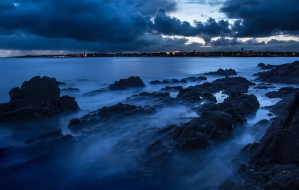 Sea, the sky, clouds, night, blue, clouds, the city, stones