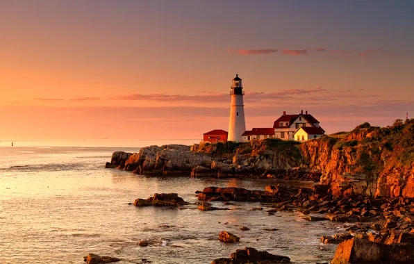 Sea, sunset, house, lighthouse, glow, Cape