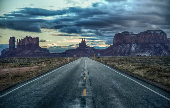 The sky, clouds, road, signs, AZ, Utah, twilight, Monument valley
