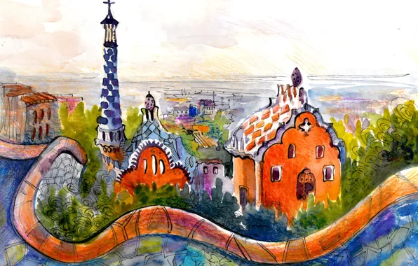 Picture the city, home, roof, watercolor painting