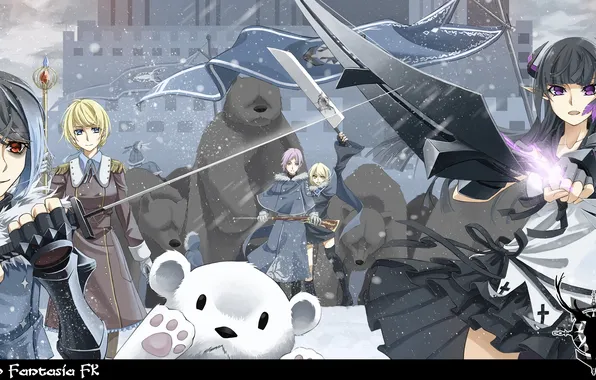 Picture winter, weapons, castle, girls, animal, sword, anime, bear