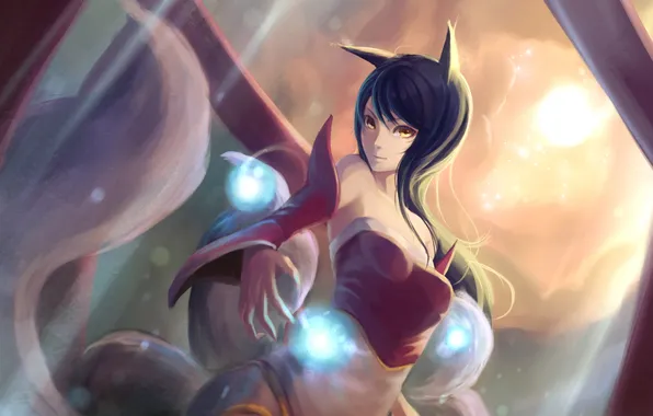 Picture look, girl, magic, Fox, art, tails, Ahri, league of Legends