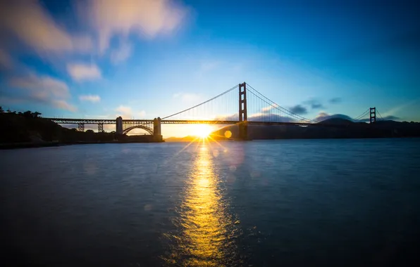The sky, rays, sunset, mountains, bridge