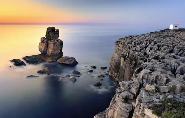 Beach, rock, stones, the ocean, dawn, lighthouse, Portugal