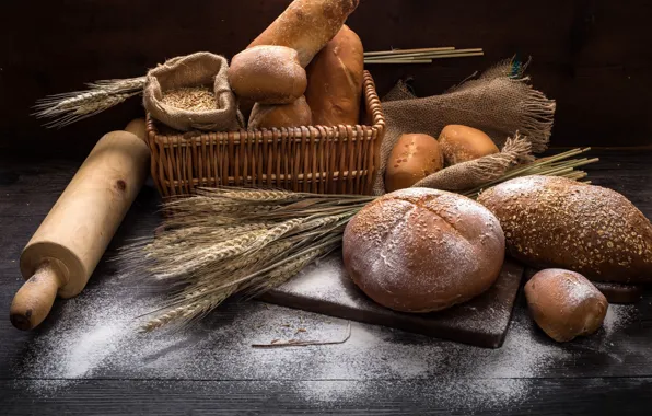 Picture food, wheat, basket, flour, rolling pin, Bread