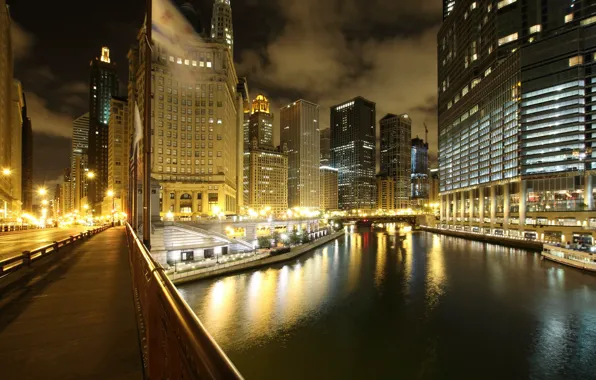 Night, the city, lights, river, skyscrapers, Chicago, Illinois