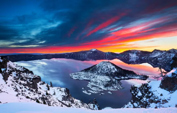 Winter, snow, landscape, lake, sunrise, Crater Lake