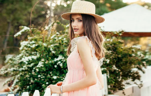 Look, girl, the fence, portrait, hat, makeup, garden, dress