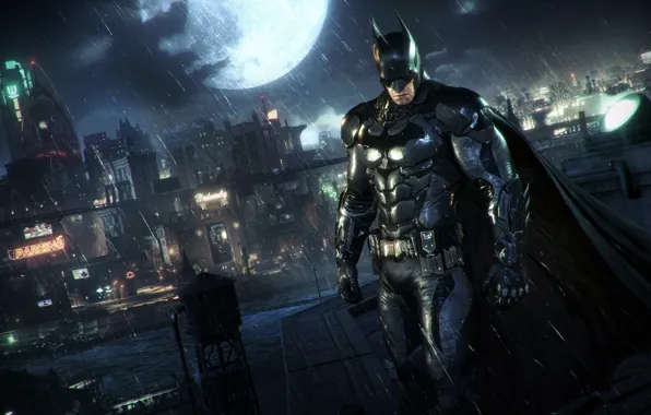 Night, The city, The game, The moon, Rain, Batman, Costume, City