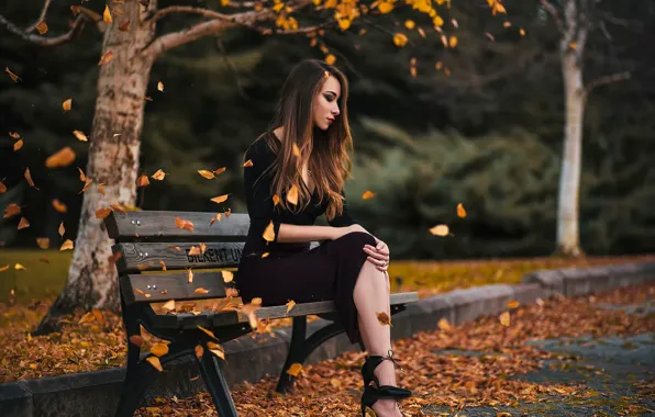 Autumn, girl, Park, falling leaves, bench