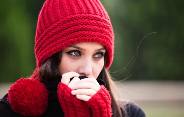 Girl, background, little red riding hood, hands, blur, brown hair, pompom, a closer look