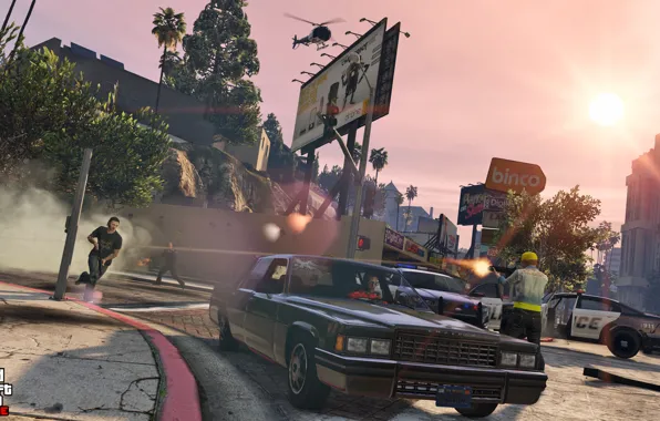 Picture machine, police, helicopter, shootout, Grand Theft Auto V, gta 5, gta online