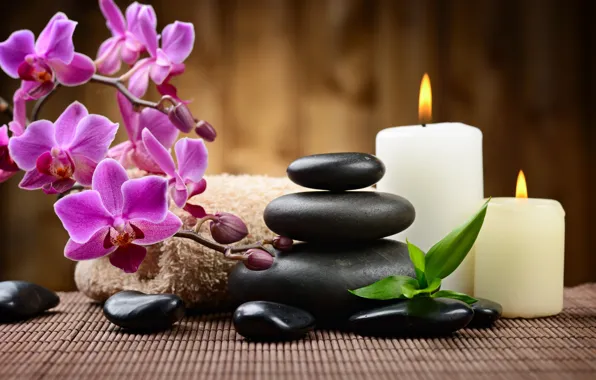 Flowers, lights, stones, candles, Orchid, Spa, bokeh