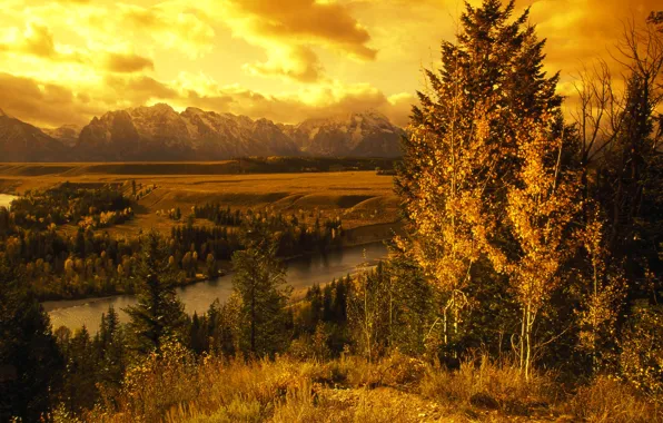 Field, the sky, clouds, trees, sunset, mountains, river