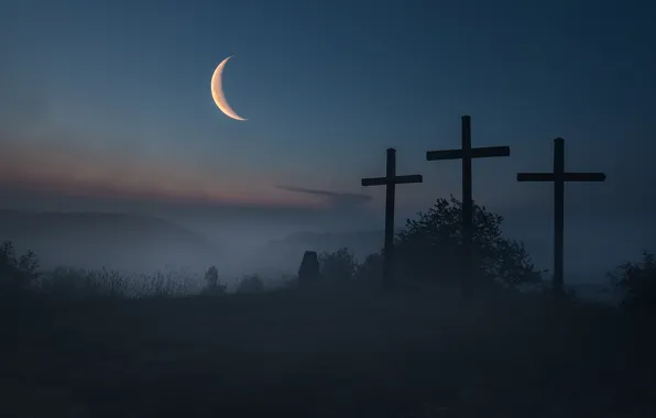 The sky, landscape, night, fog, darkness, the moon, the darkness, crosses