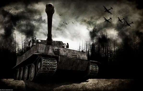 Picture forest, war, aircraft, tank, fumes