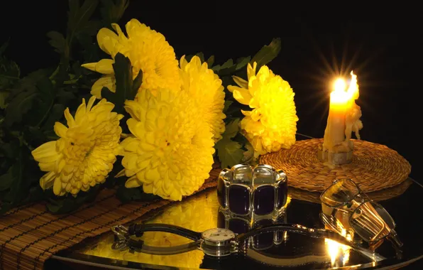 Picture flowers, watch, candles, glasses