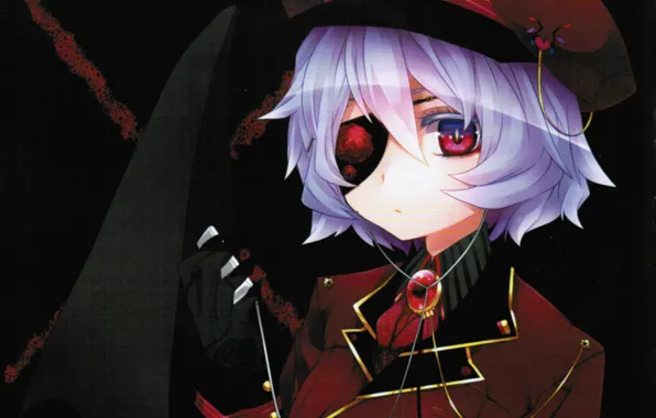 Picture black background, red eyes, cap, military uniform, eye patch, vampire, black wings, Remilia Scarlet