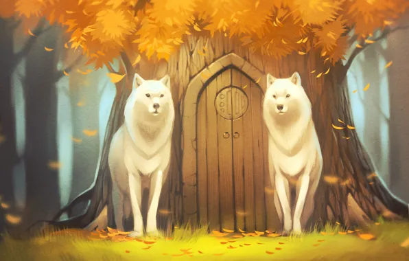 Picture forest, tree, wolf, the door, art, tree, white wolves