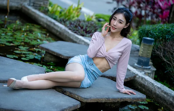 Asian, Brunette, Feet, Skirt, Blouse