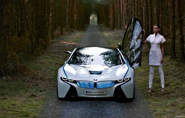 Forest, girl, white, BMW, future