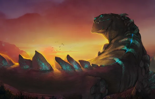 Picture sunset, mountains, Godzilla, Mountain Monster