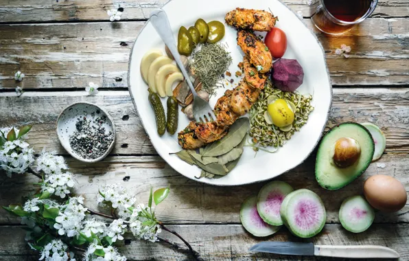 Flowers, Board, egg, food, plate, meat, plug, vegetables