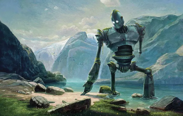 Mountains, river, shore, robot, giant, Steel giant, The Iron Giant