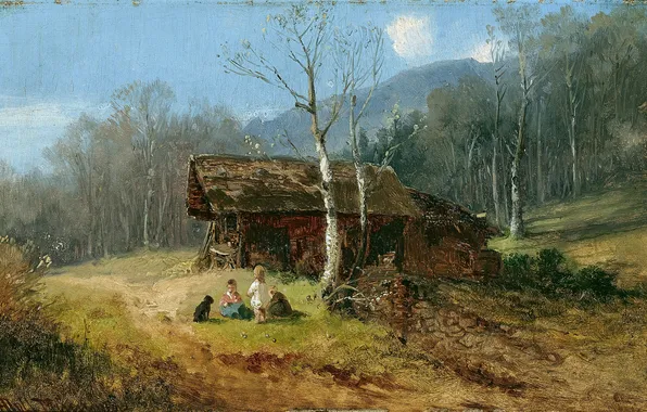 Trees, House, Children, Picture, German painter, Anton Doll, Anton Doll, Children in front of a …
