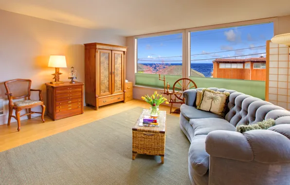 Picture sea, the sky, clouds, flowers, room, sofa, books, Windows