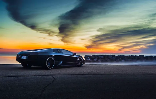 Lamborghini, Black, Murcielago, Forged, V12, Sunrise, Rear, LP640-4
