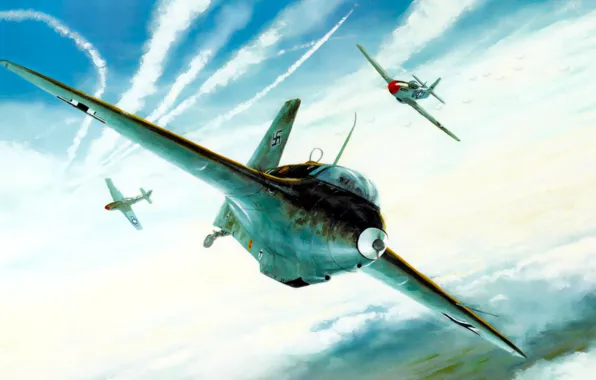 Picture P 51 mustang, Me 163 Komet, aviation, ww2, painting, war, art