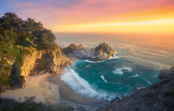 The ocean, dawn, coast, morning, California, Big Sur, McWay Falls