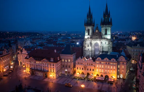 The sky, night, the city, building, Prague, Czech Republic, lighting, architecture