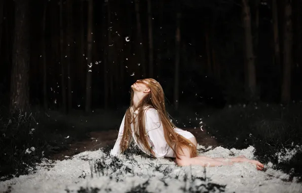 Forest, girl, feathers, Juliana Naidenova