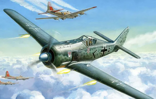 The sky, figure, fighter, art, bombers, aircraft, German, Focke-Wulf