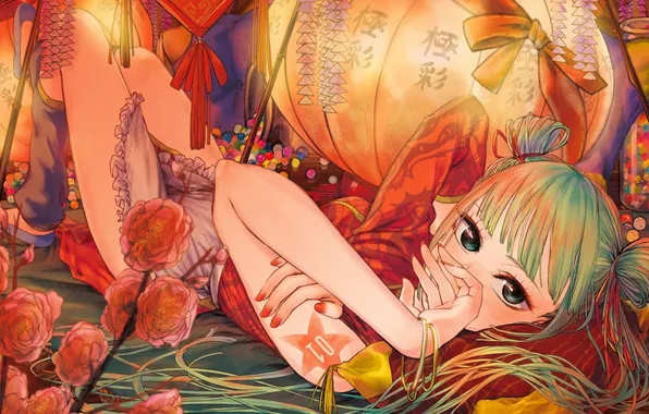 Picture girl, flowers, hands, art, vocaloid, hatsune miku, lanterns, lying